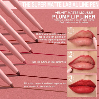 6PC Velvet Matte Lipstick Pen Nude Brown Lip Liner Pencil Kit Smooth Rose Red Pigment Waterproof Long Lasting Dye Cheek Lip Tint