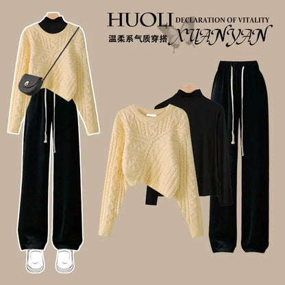 Autumn and Winter Set Women's 2024 New Korean Knitted Sweater Women's Underlay Casual Pants Three Piece Set Winter Clothes Women