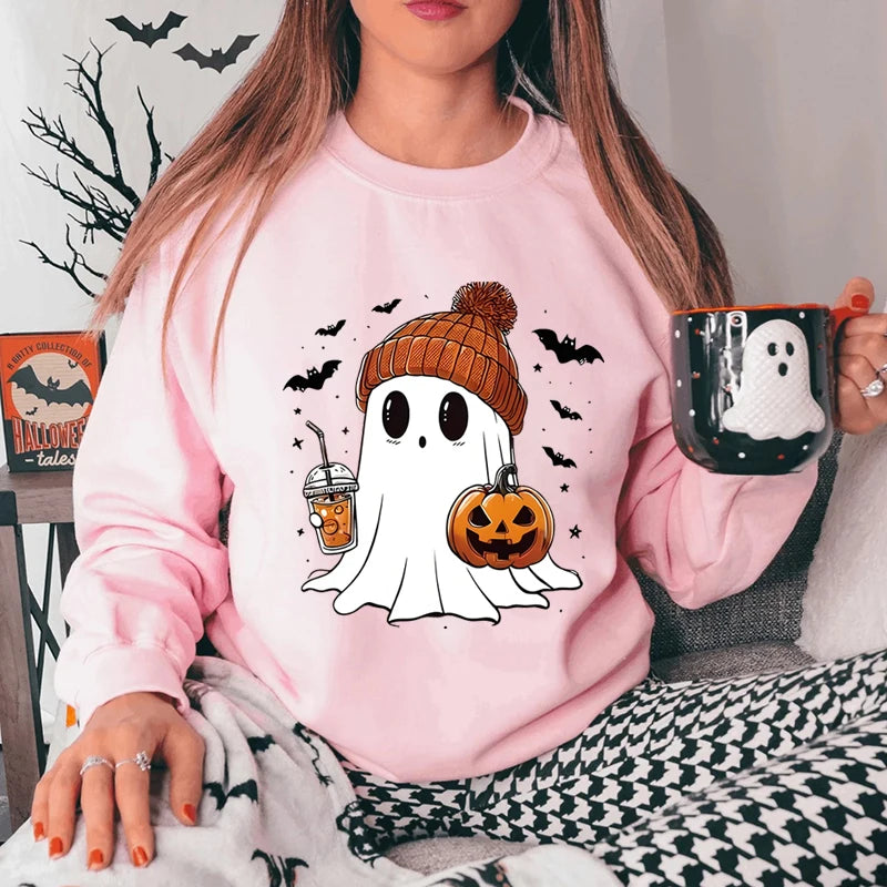 Halloween Adorable Ghost With Drink And Pumpkin Print Sweatshirt, Crew Neck Long Sleeve Pyllovers, Casual Sweatshirts For Women
