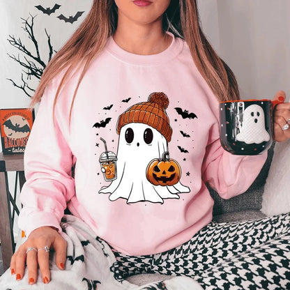 Halloween Adorable Ghost With Drink And Pumpkin Print Sweatshirt, Crew Neck Long Sleeve Pyllovers, Casual Sweatshirts For Women