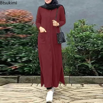 2024 Vintage Long Dress for Women Muslim Abaya Hajib Long Sleeve O-Neck Shirt Dress Females Casual Maxi Dress Arabic Modest Robe