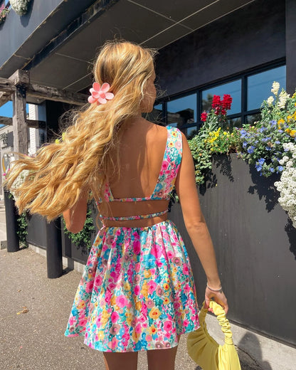 New Women Elegant Floral Printed Mini Dress Sleeveless V Neck Backless Flower Print Summer Club Party Dress Hot Sale S-XL