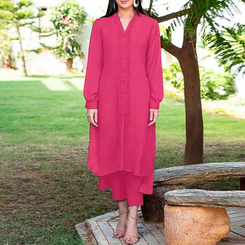 ZANZEA Retro Long Straight Pant Suit Women Solid 2PCS Pant Sets Fashion Long Shirt Tracksuit Casual Buttons Autumn 2023 Outfits