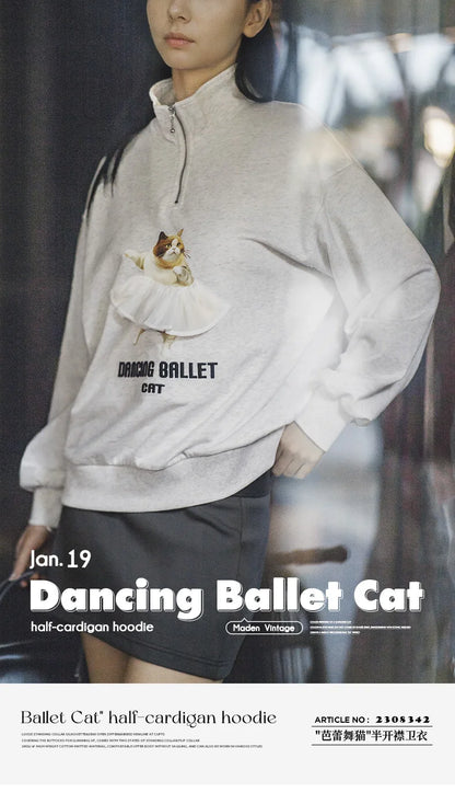 Maden Printed Ballet Cat Sweatshirts for Women Stand Collar Casual Sweater Gray Long Sleeve Pullover Autumn Gray Sweaters Top