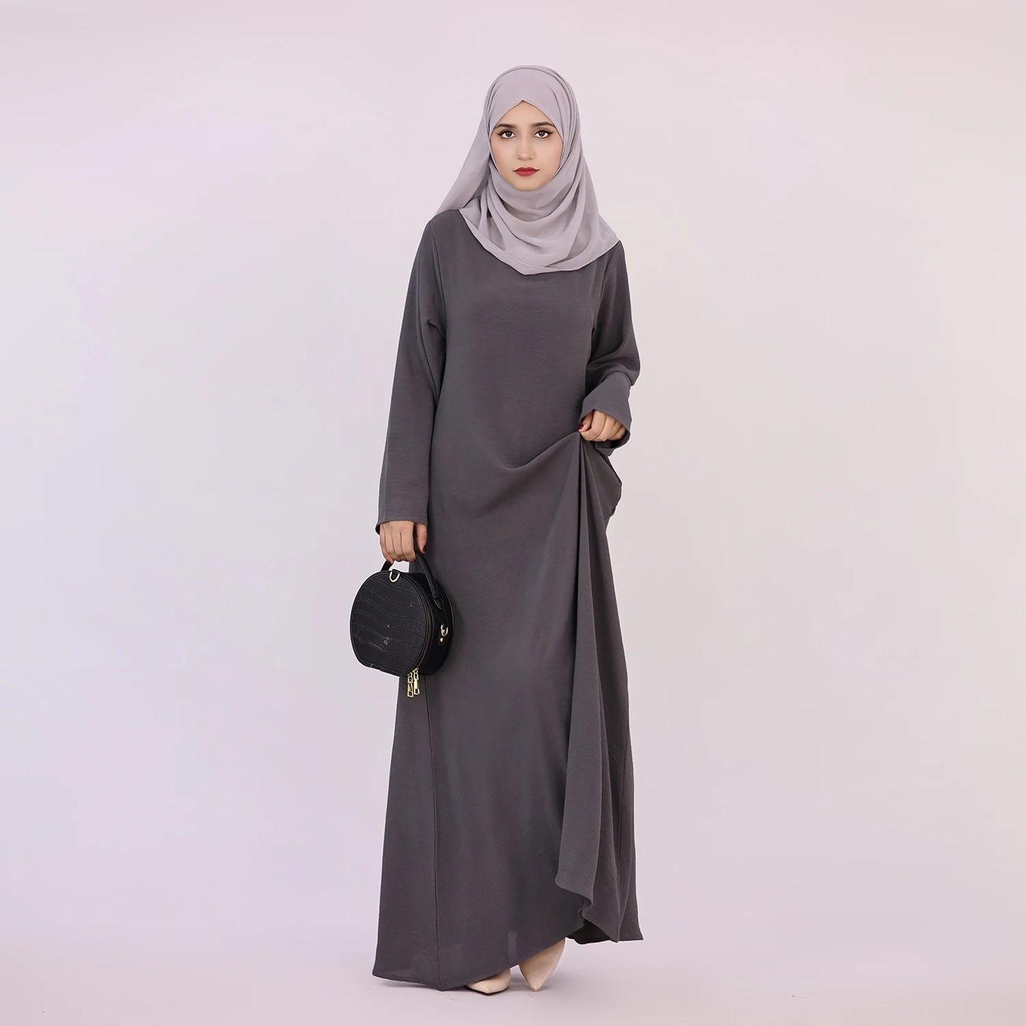 2025 Fashion Simple Muslim Dress Solid Abaya Arab Turkey Dubai Kaftan Modest Long Sleeve Maxi Dress Islamic Clothing LR593