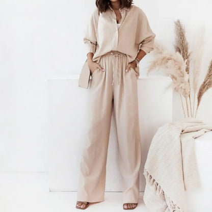 Casual Loose Fit Suit Women's Casual Homewear Set with Loose Drawstring Pants Long Sleeve Shirt Soft Breathable Fabric Elastic