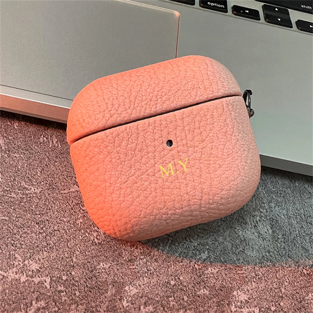 Luxury Personalized Initials Letters Customize Case For Airpods Pro 2 Lychee Skin Pattern Earphone Case For Airpods 1 2 Pro 3