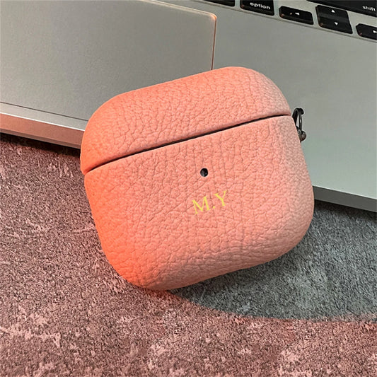 Luxury Personalized Initials Letters Customize Case For Airpods Pro 2 Lychee Skin Pattern Earphone Case For Airpods 1 2 Pro 3