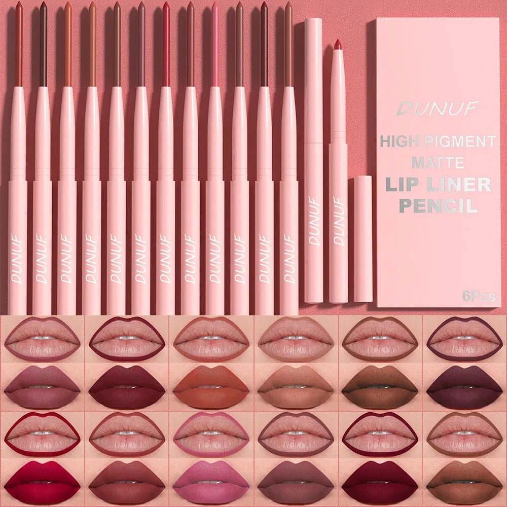 6PC Velvet Matte Lipstick Pen Nude Brown Lip Liner Pencil Kit Smooth Rose Red Pigment Waterproof Long Lasting Dye Cheek Lip Tint
