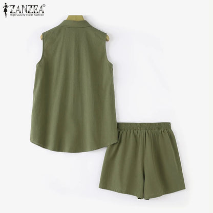 Elegant OL Work Short Sets ZANZEA 2pcs Women Outfits Summer Sleeveless Vest Tops Loose Pant Sets Casual Printed Tracksuits 2024