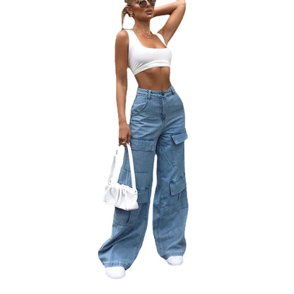 Women's Wide Leg Cargo Ankle Length Jeans