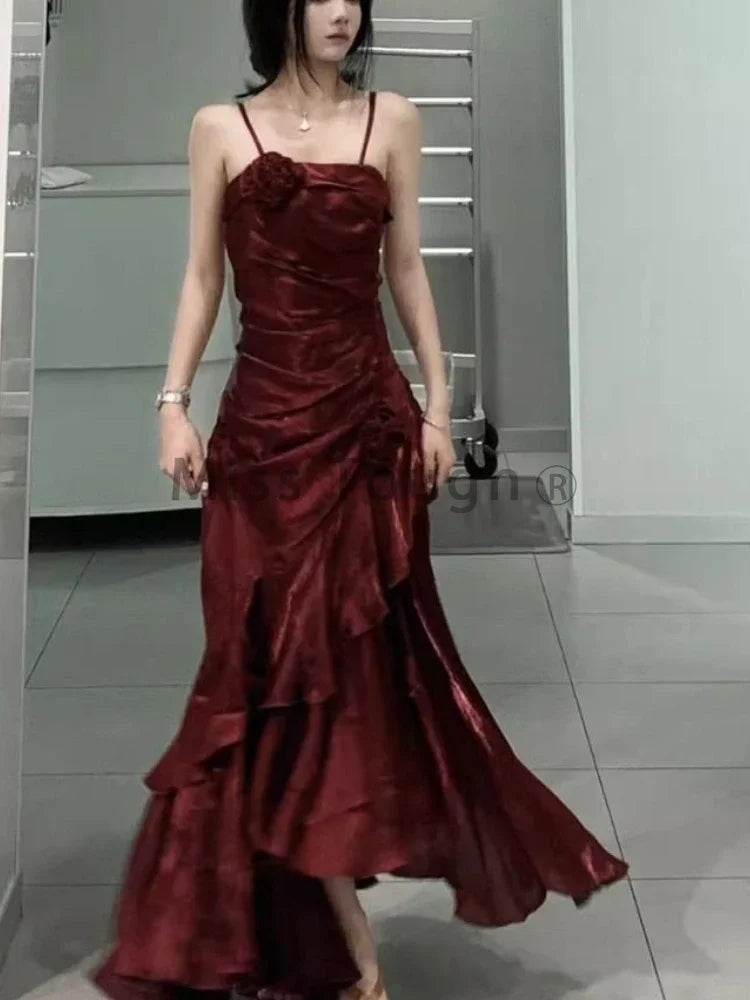 Red Rose Vintage Long Dress Women 2024 Summer Slim Mermaid Spaghetti Strap Floral Dress Female Elegant Sexy Evening Party Dress