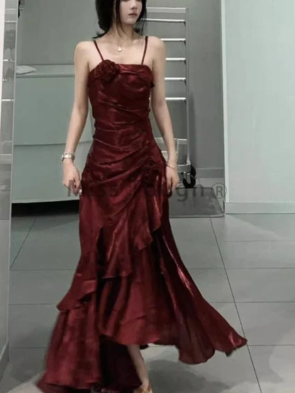 Red Rose Vintage Long Dress Women 2024 Summer Slim Mermaid Spaghetti Strap Floral Dress Female Elegant Sexy Evening Party Dress