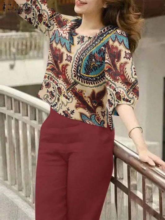 ZANZEA Elegant Holiday Pant Sets Women Vintage Floral Print Square Collar Blouse 2pcs Outfits Casual Solid Trousers Tracksuits