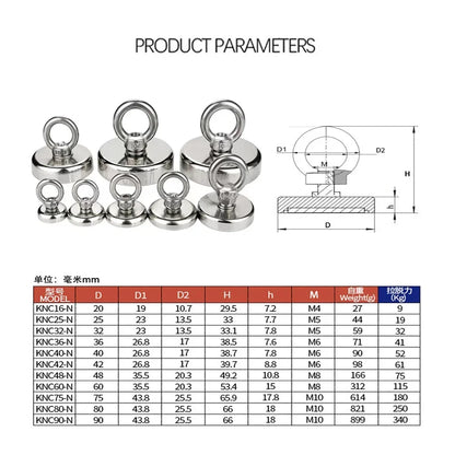 Super Strong Neodymium Magnets N52 Iman Ima Magnetic Fishing Magneat with Countersunk Hole Eyebolt for Salvage Magnetic Fishing