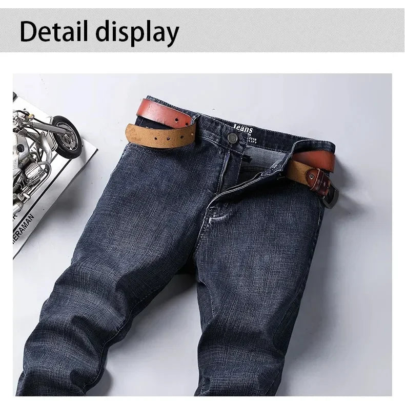 2025 Fashion Four Seasons Classic Blue Black Work Denim Trousers  Men's Jeans Casual Straight Stretch Male Brand Clothing