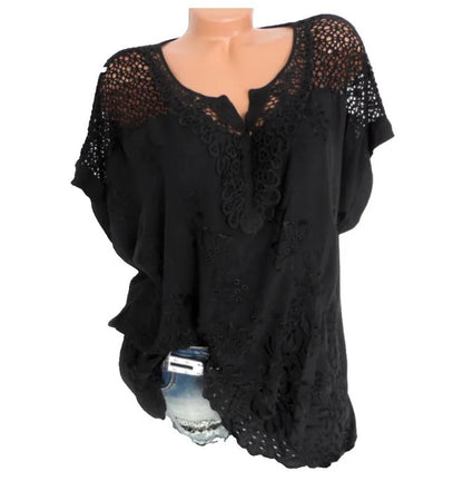 Large Size Loose Short-Sleeved Lace Women Blouses Cotton Blouses 2024 Summer V-neck White Shirt Tops Sexy Fashion Women Shirt