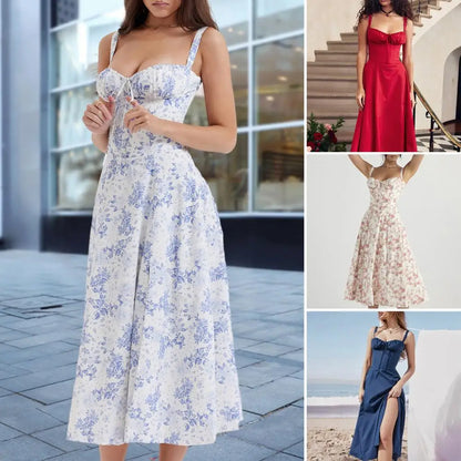 Comfortable Midi Dress for Women Sleeveless Party Dress Elegant Lace-up Bandeau Dress with Corset Design Side Split Hem Women's