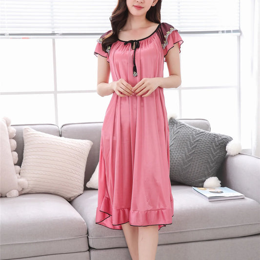 Night Dress Women Short Sleeve V Neck Homewear Long Dress Nightgowns Sleepwear Nachtkleding Vrouwen Night Gown For Women