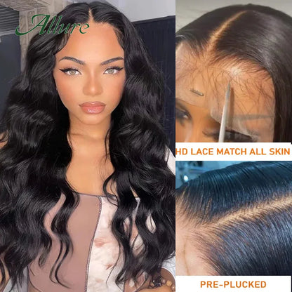 Brazilian HD Transparent T Part Lace Front Human Hair Wig Body Wave Hair Lace Wigs for Women Natural Black Color Hair Wig Allure