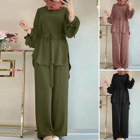 Eid Muslim Outfits Women Shirt Sashes Wide Leg Pants Suit Ramadan Morocco Dubai Islam 2 Piece Set Arab Jalabiya Modest Ensemble