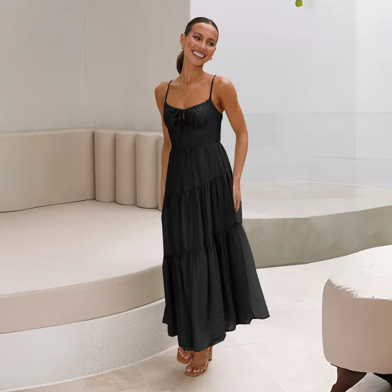 European And American Women's New Spliced Suspender Long Backless Tie Big Swing Dress With Lining