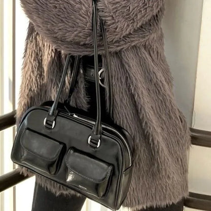 Lux Trendy Street Standoil Korea Designer Bowling Box Handbag for Women Boston Tote Bag PU Leather Bag Female Accessory