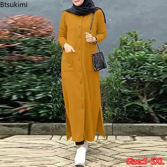 2024 Vintage Long Dress for Women Muslim Abaya Hajib Long Sleeve O-Neck Shirt Dress Females Casual Maxi Dress Arabic Modest Robe