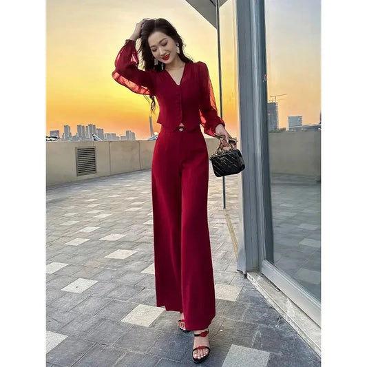 Female Elegant Wine Red Black Fashion Ladies Spring Suits Women's Shirt Lace Top Wide Leg Pants Two-Piece Set 2023 Summer Sets