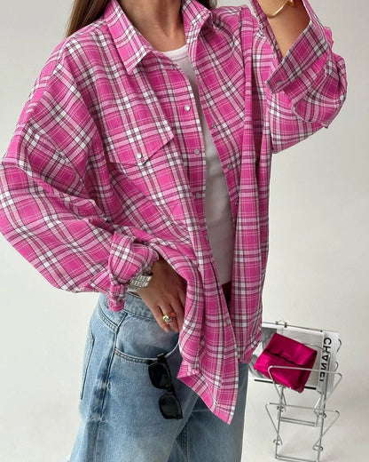 Mnealways18 Pink Brightly Plaid Shirts For Women Spring Summer 2024 Long Sleeves Classic Lapel Blouses And Tops Oversize Checked