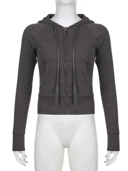 Casual Streetwear Basic Hooded Pockets Sweatshirt Tracksuit Solid Long Sleeve Women Vintage Zip Up Hoodies Fashion Sweatshirts