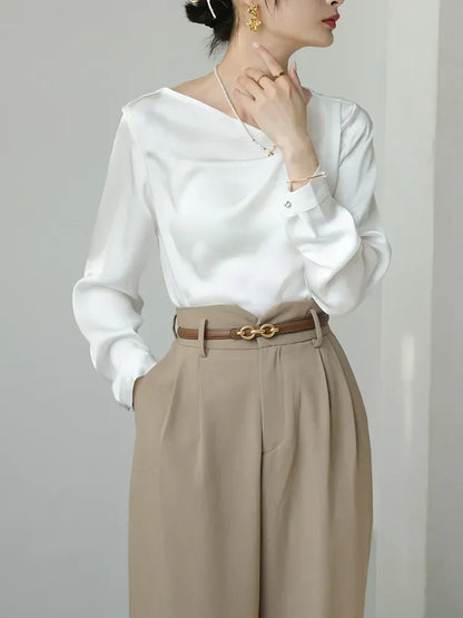 Satin Women's Shirts New Silk Solid Casual Blouses Loose Spring/Summer Ladies Clothing FASHION Long Sleeves White Tops