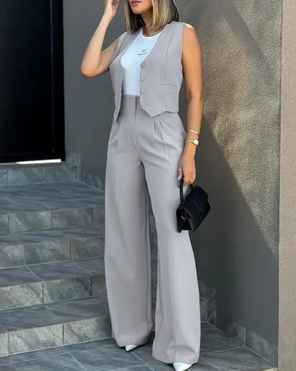 New 2024 Women's Summer Casual 2PCS Pants Sets Solid Vest +Pants Sets Elegant High Waist Wide Leg Outfits Women Matching Sets