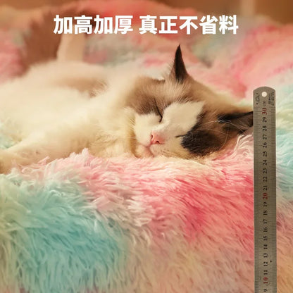 Rainbow Plush Cat Beds Thicken Fluffy Dog Mats Super Soft Cat House Large Size Winter Kitten Nest Warm Dog Sleep Pet Bed