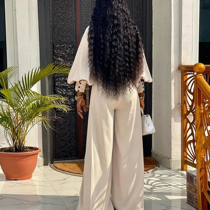 Lady Shopping Clothes Elegant Women's Top Pants Set with Lantern Sleeves High Waist Wide Leg Trousers Chic Office for Commuting