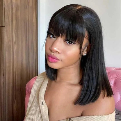 Brazilian Straight Bob Lace Front Wig With Bangs Remy Human Hair Black Color Wigs For Women Brown 33# Hair T Part Lace Wigs