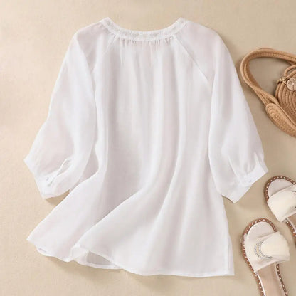 Cotton Linen Flower Embroidery Shirt Women Three Quarter Sleeves V Neck  Casual Blouse Loose Solid Color Mother Blouse Women Top