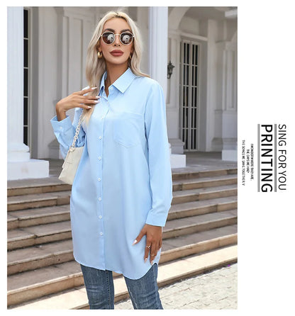 Long Shirt Women 2023 Vintage Pocket Shirts &Blouses Oversized Long Sleeve Blouse Fashion Women's Clothing Button Up Womens Tops