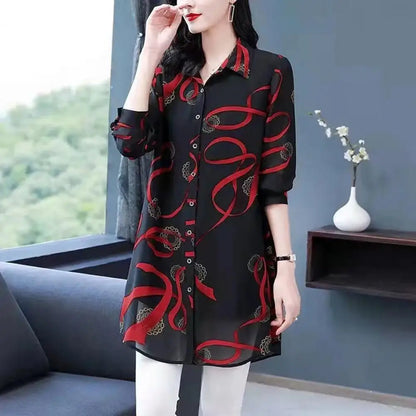 Lapel Long Sleeve Casual Shirt Single-breasted Thin Mid-aged Blouse Top Mother Printing Mid-length Shirt Daily Garment