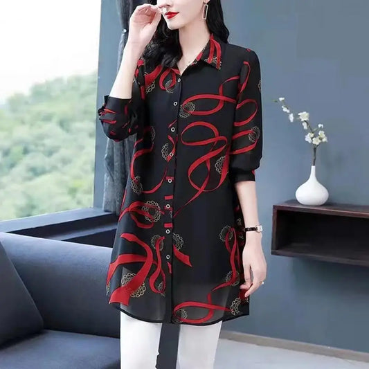 Lapel Long Sleeve Casual Shirt Single-breasted Thin Mid-aged Blouse Top Mother Printing Mid-length Shirt Daily Garment