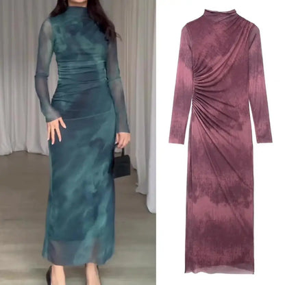 Fashionable Midi Skirt Dress Elegant Pleated Midi Dress for Women Slim Fit Solid Color Long Sleeve Dress with Half-high Collar