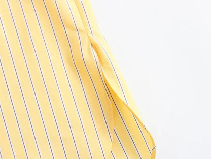 TRAF 2024 Spring New Product Women's Casual Loose Lapel Long sleeved Yellow Striped Poplin Single breasted Shirt