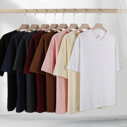 Summer Men's Heavy T Shirt Casual Solid Short Sleeve Basic Tee Women 100% Cotton 260gsm 9.17oz Oversized O Neck Hip-Hop Tops