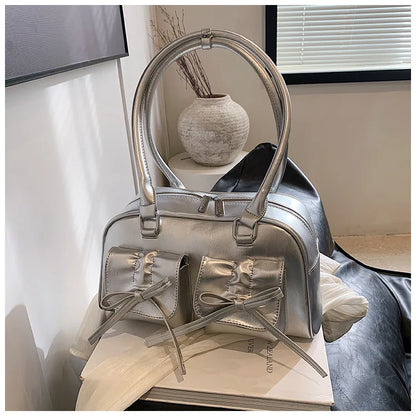 Xiuya Silver Pleated Womens Shoulder Bag Elegant Gentle Korean Fashion Leather Handbag Bow Sweet New Simple Ladies Boston Bag