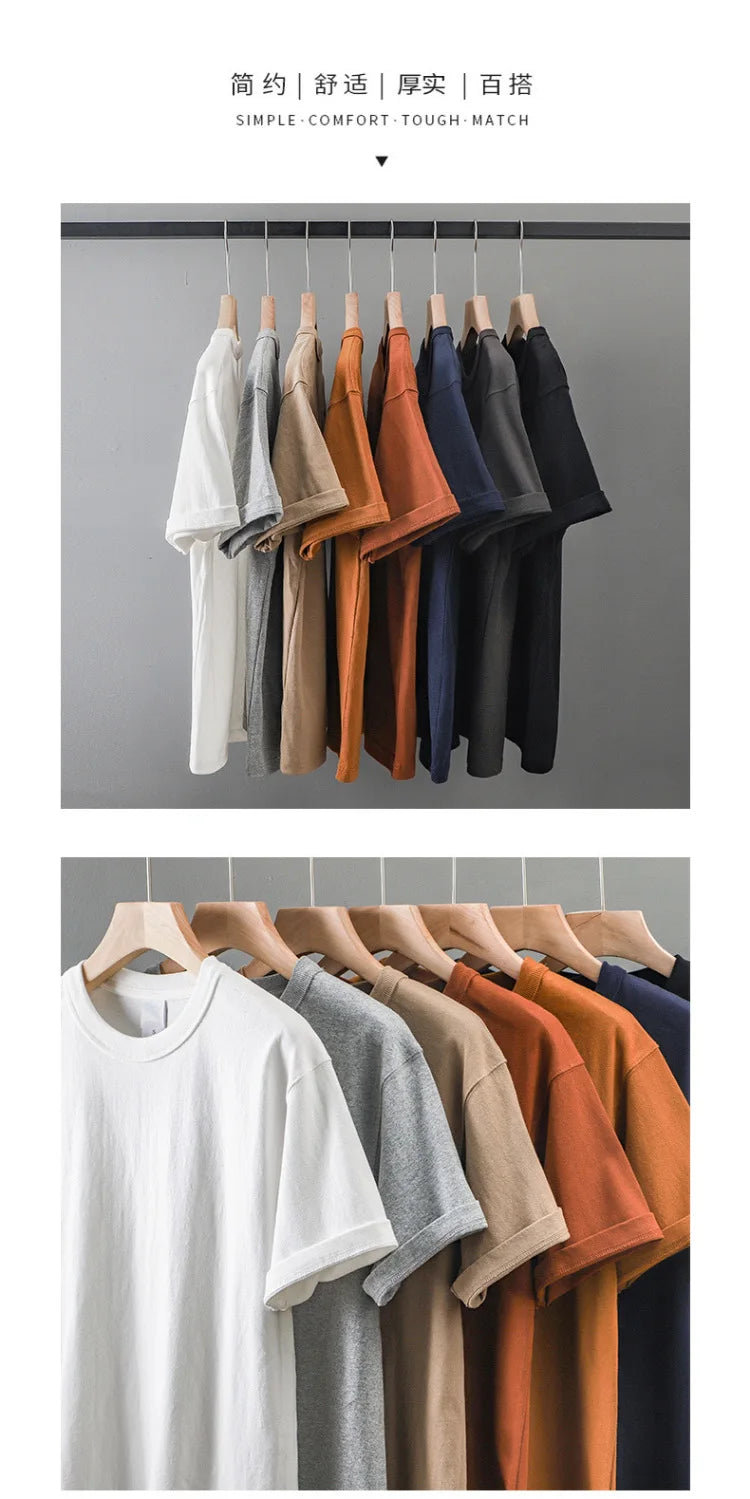 Japanese 320G Heavyweight Short Sleeve T-shirt Men's Summer Pure Cotton Thick Neckline Pure White Half Sleeve T-shirt