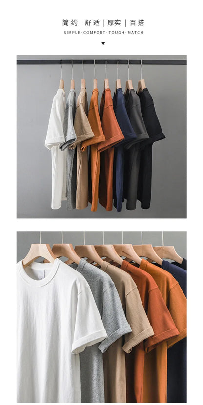 Japanese 320G Heavyweight Short Sleeve T-shirt Men's Summer Pure Cotton Thick Neckline Pure White Half Sleeve T-shirt