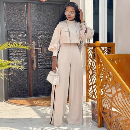 Lady Shopping Clothes Elegant Women's Top Pants Set with Lantern Sleeves High Waist Wide Leg Trousers Chic Office for Commuting