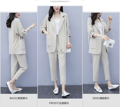 Spring and Autumn New Fashion Plus Size Women's Three Piece Suit Cotton Blended Single Button Coat Nine Point Pants Office