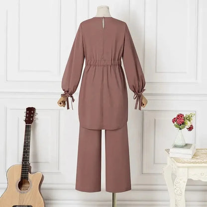 Eid Muslim Outfits Women Shirt Sashes Wide Leg Pants Suit Ramadan Morocco Dubai Islam 2 Piece Set Arab Jalabiya Modest Ensemble