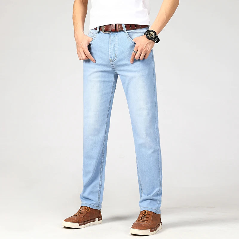 New Summer Business Men's Jeans Casual Straight Stretch Fashion Classic sky Blue  Work Denim Trousers Male Brand Clothing